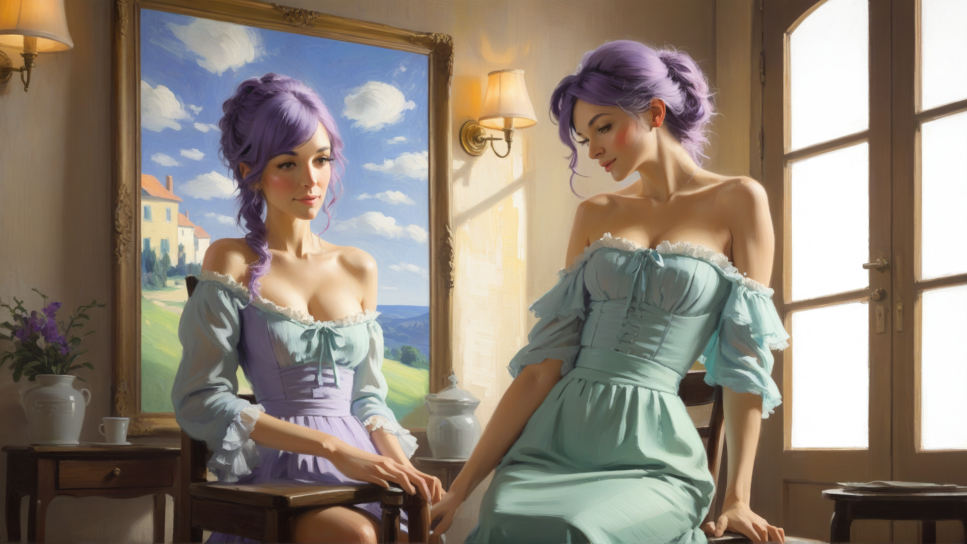 AI generated wallpaper featuring woman, dress, room, painting, window, chair, vase, lamp