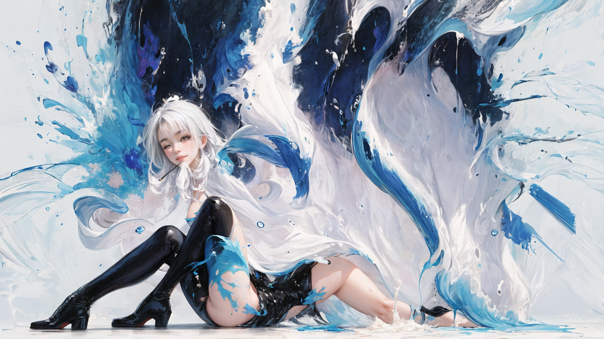 AI generated wallpaper featuring girl, water, ink