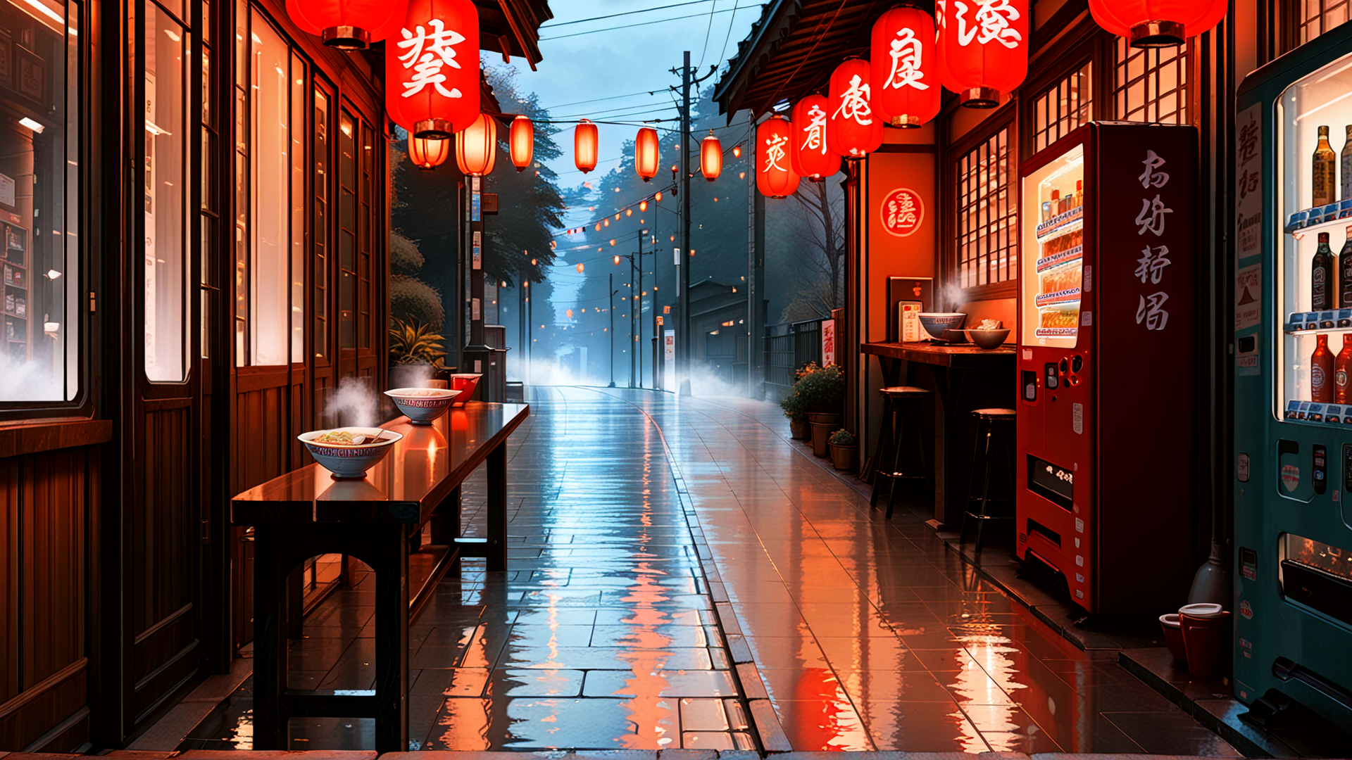 AI generated wallpaper featuring lanterns, street, restaurant, bowl, vending machine, building, bowl, water, sign, streetlamp
