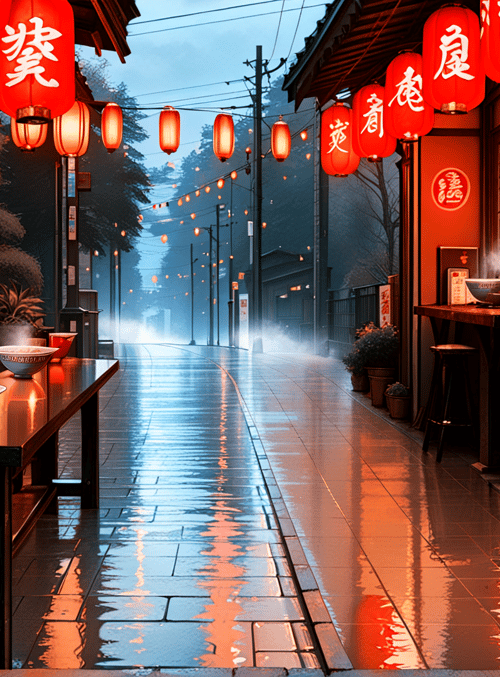 lanterns, street, restaurant, bowl, vending machine, building, bowl, water, sign, streetlamp
