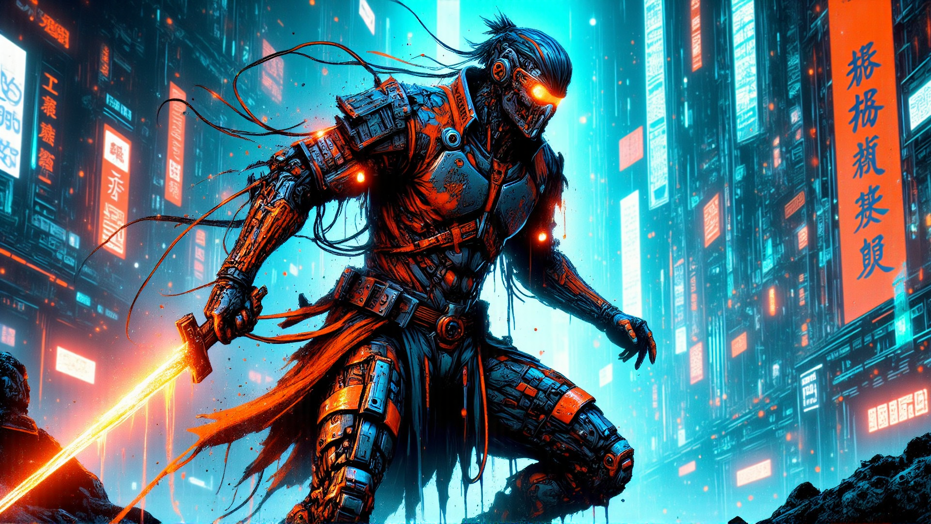 AI generated wallpaper featuring cyborg, swordsman, neon city