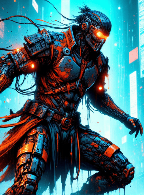 cyborg, swordsman, neon city