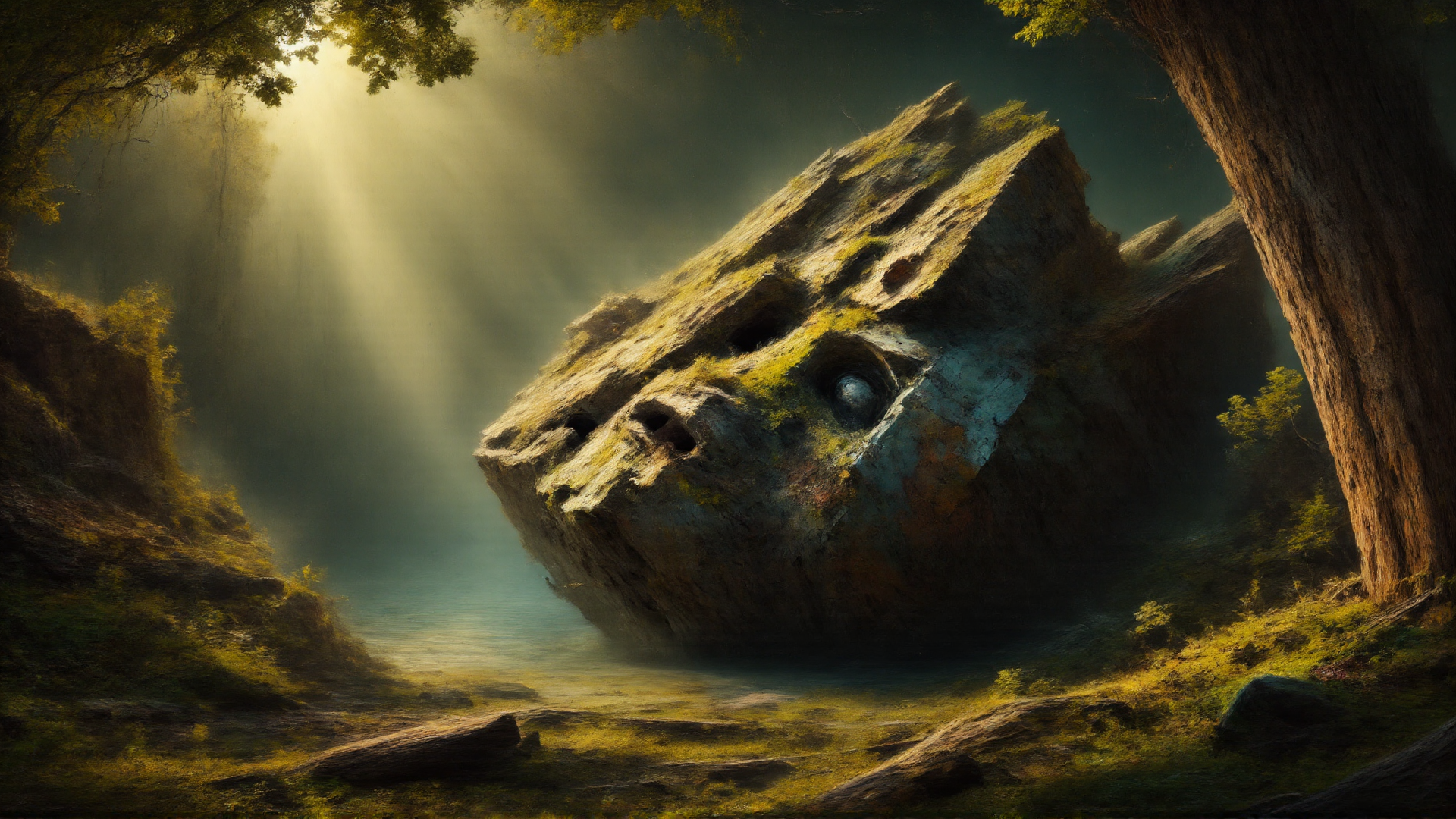 AI generated wallpaper featuring rock, forest, sunlight, river, trees
