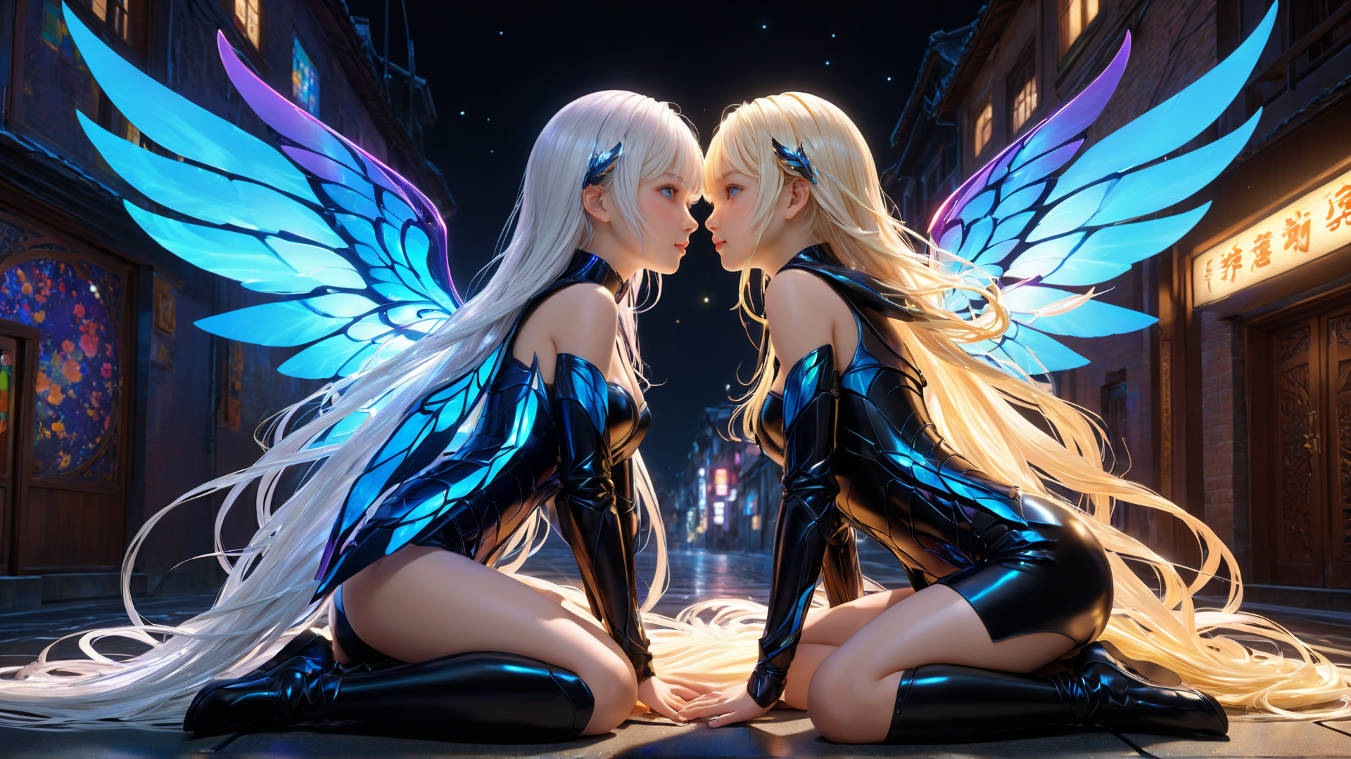 AI generated wallpaper featuring angel, woman, wing, dress, knee, hair, city, night, glove, boot