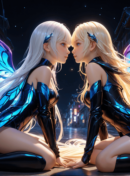 angel, woman, wing, dress, knee, hair, city, night, glove, boot