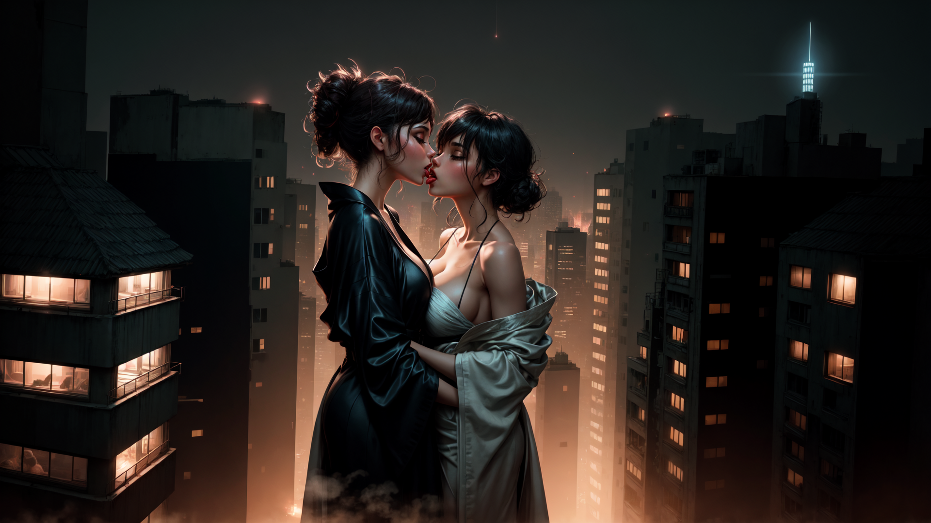 AI generated wallpaper featuring women, cityscape, kiss, buildings, night