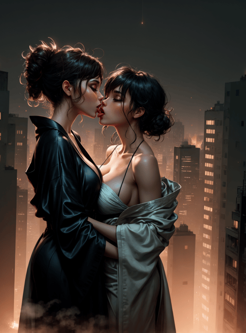 women, cityscape, kiss, buildings, night