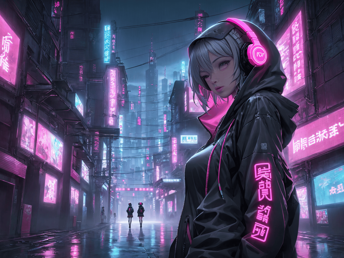 AI generated wallpaper featuring girl, city, neon