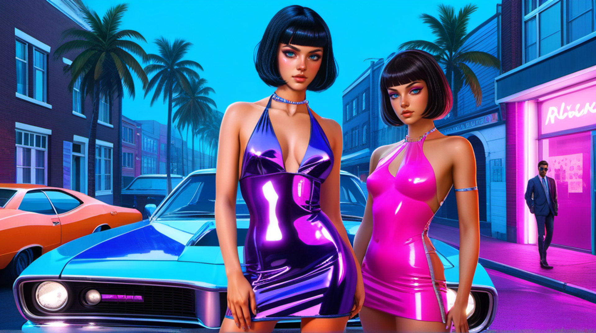 AI generated wallpaper featuring women, cars, street