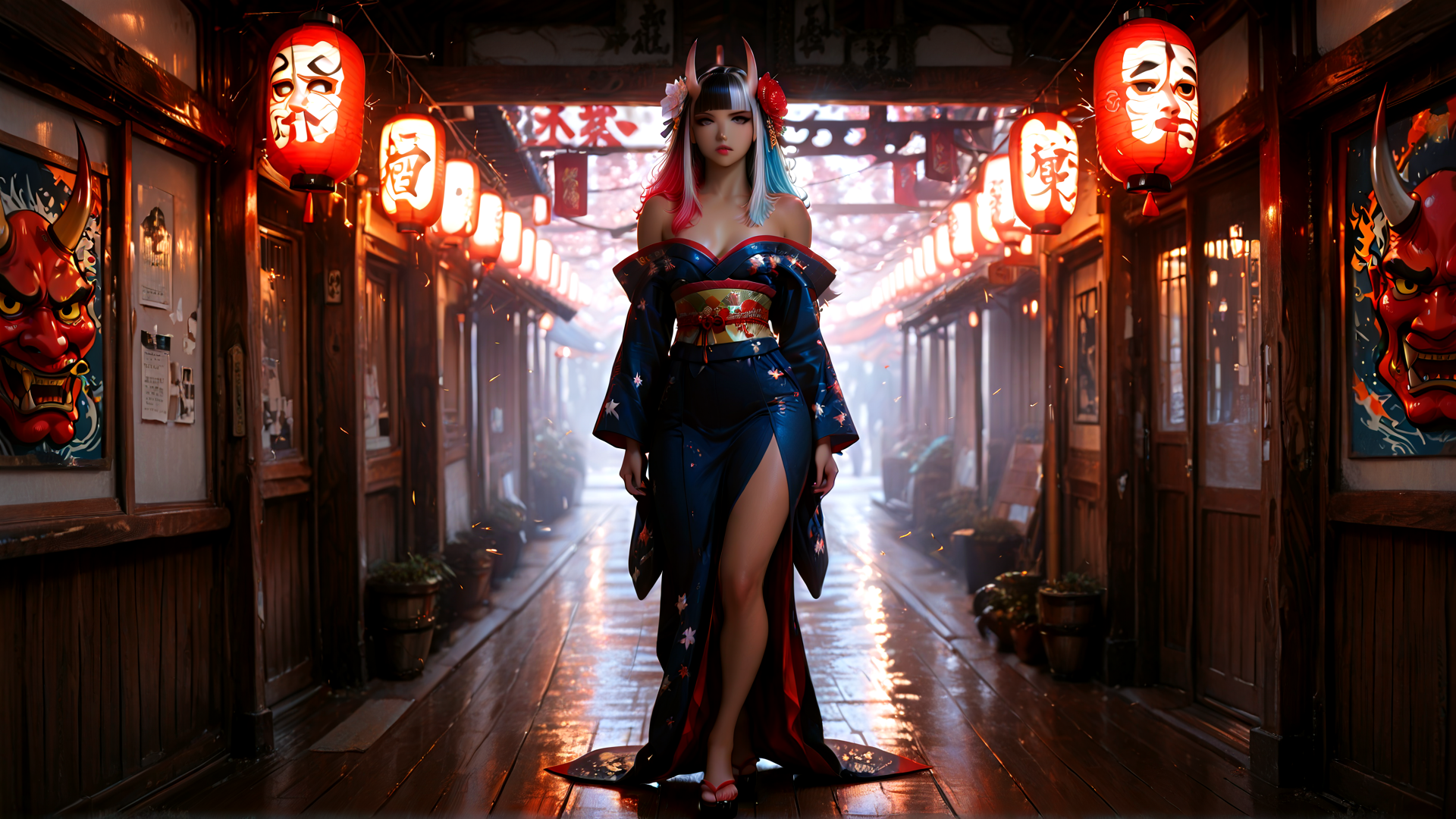 AI generated wallpaper featuring woman, lantern, kimono, street, devil, lantern, decor, traditional, anime, red