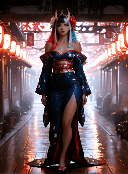 woman, lantern, kimono, street, devil, lantern, decor, traditional, anime, red