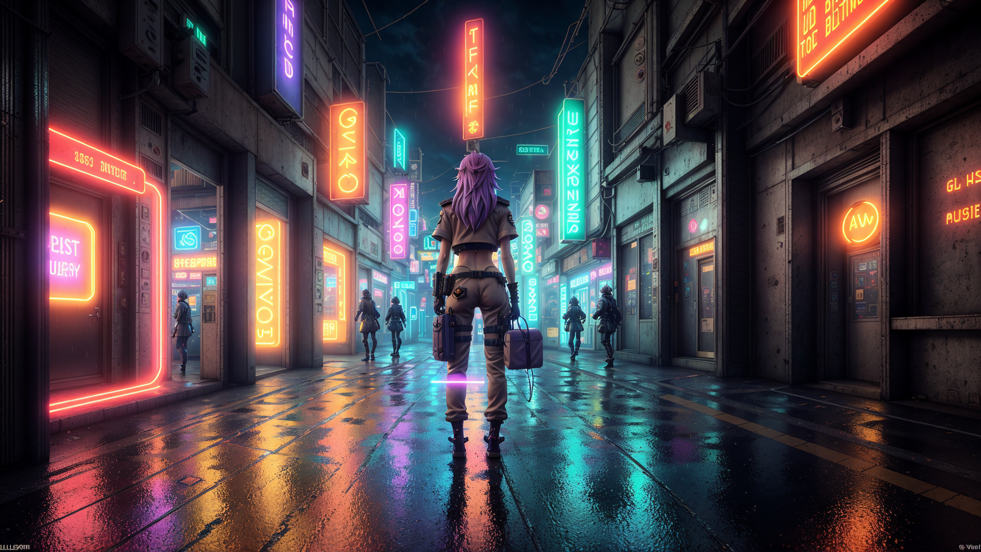 AI generated wallpaper featuring person, neon, street