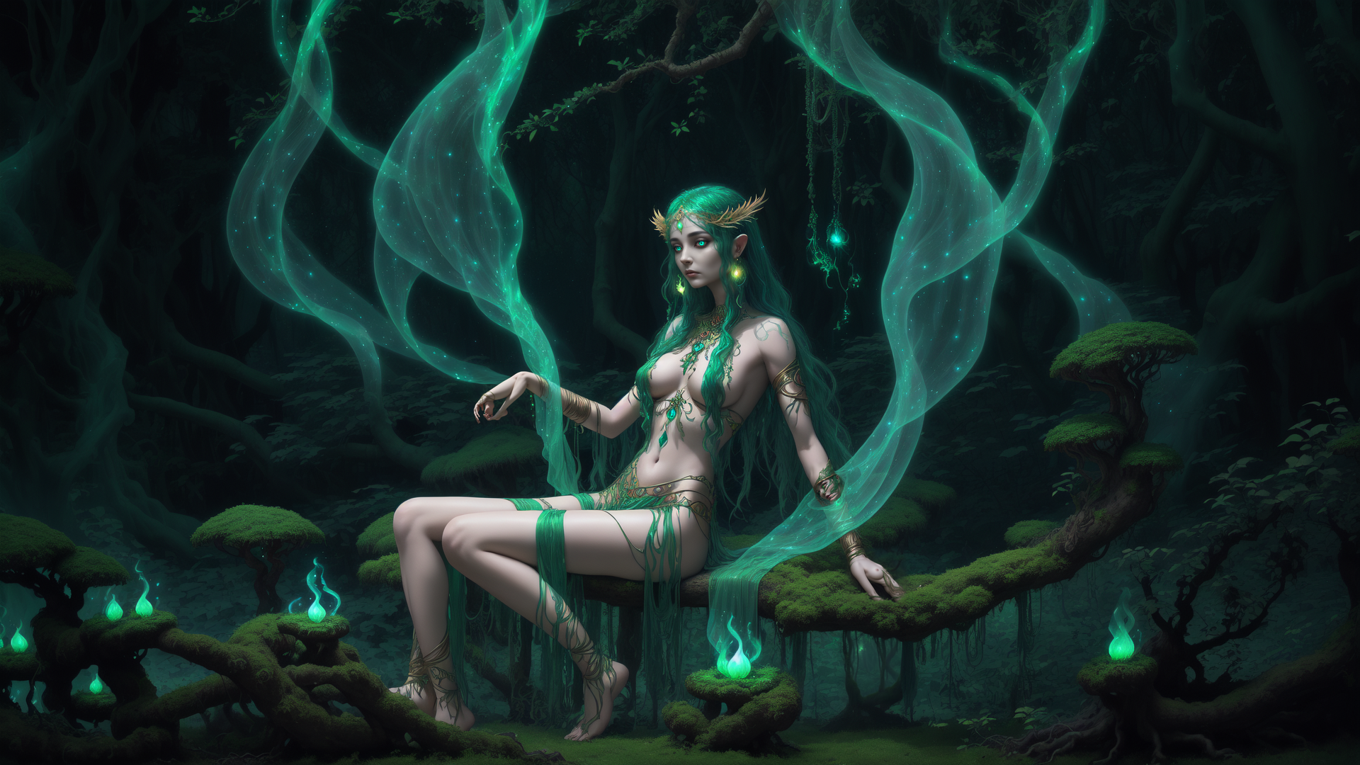 AI generated wallpaper featuring elf, nature spirit, forest