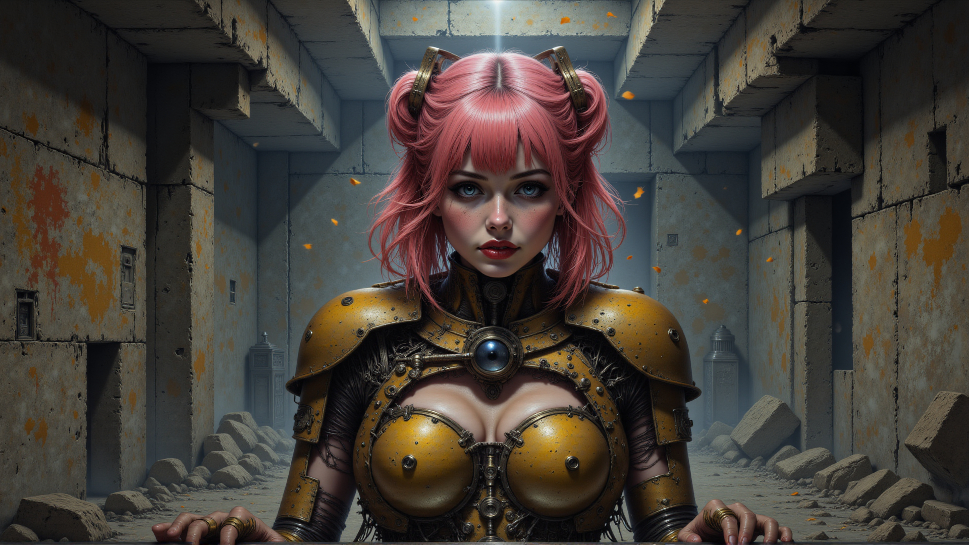 AI generated wallpaper featuring cyborg, warrior, armor, pink hair, ruins, dust, concrete, goggles, bustier, helmet