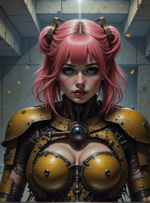 cyborg, warrior, armor, pink hair, ruins, dust, concrete, goggles, bustier, helmet