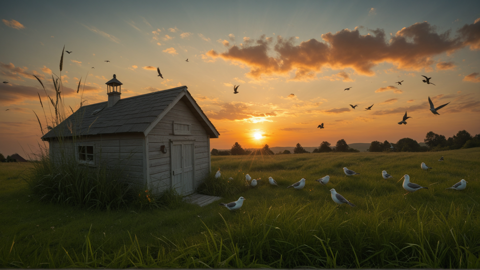 AI generated wallpaper featuring house, seagulls, sun