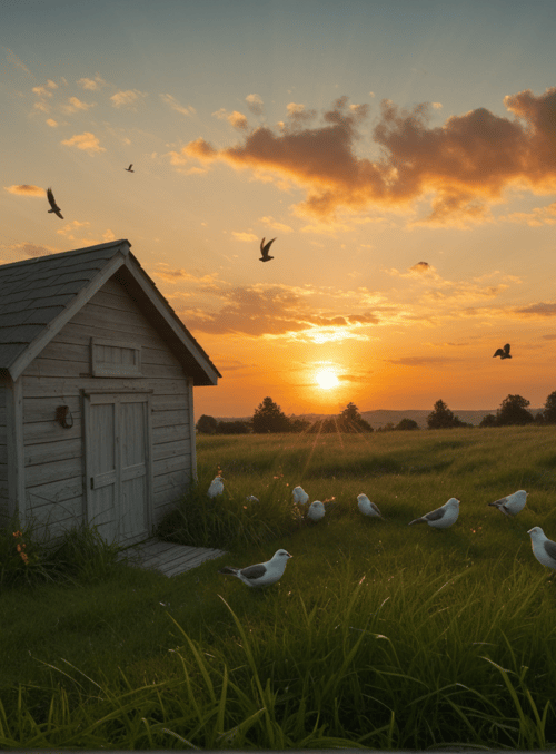 house, seagulls, sun