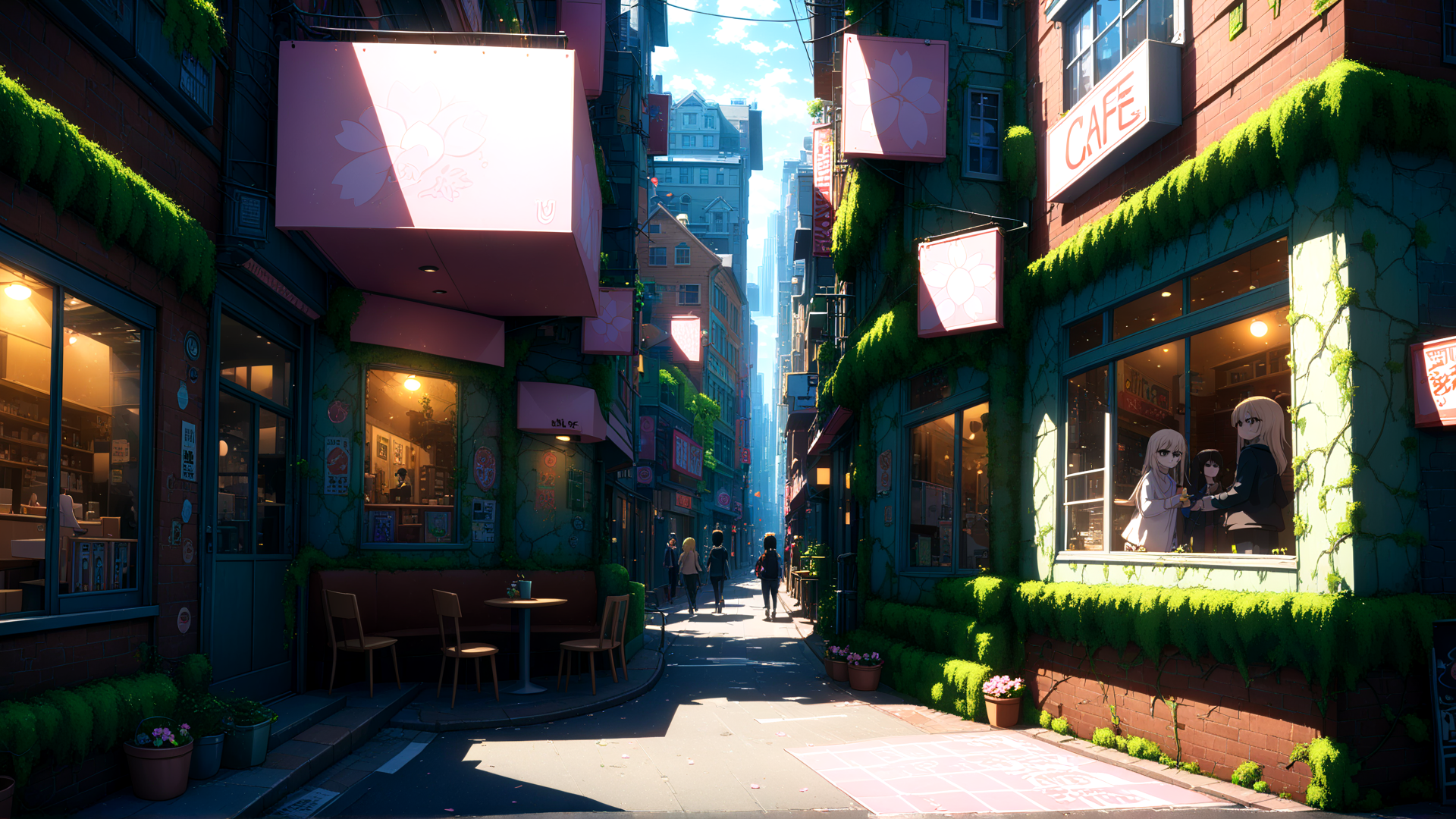 AI generated wallpaper featuring street, cafe, anime