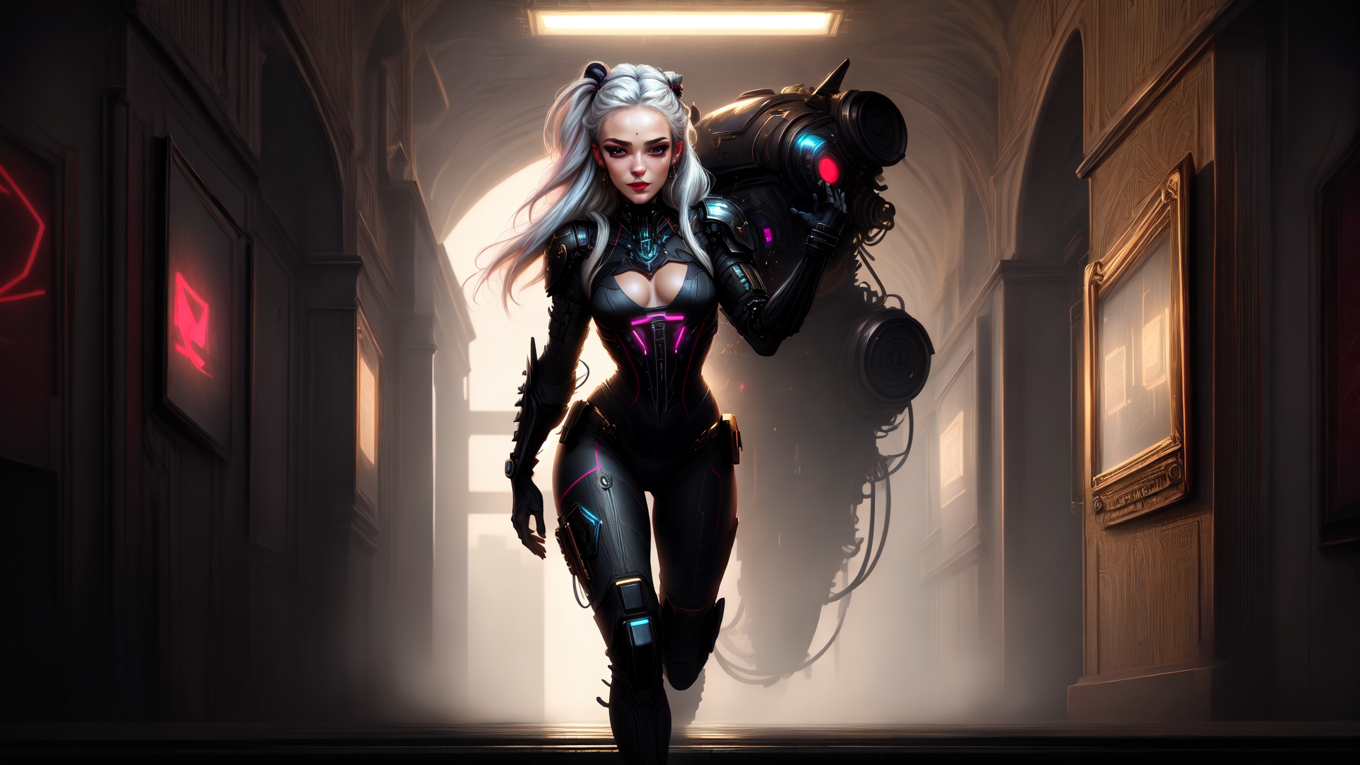 AI generated wallpaper featuring cyborg, woman, armor, weapon, corridor, painting, lighting, mechanical, gears, futuristic