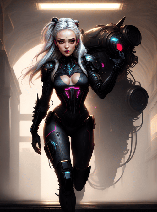 cyborg, woman, armor, weapon, corridor, painting, lighting, mechanical, gears, futuristic