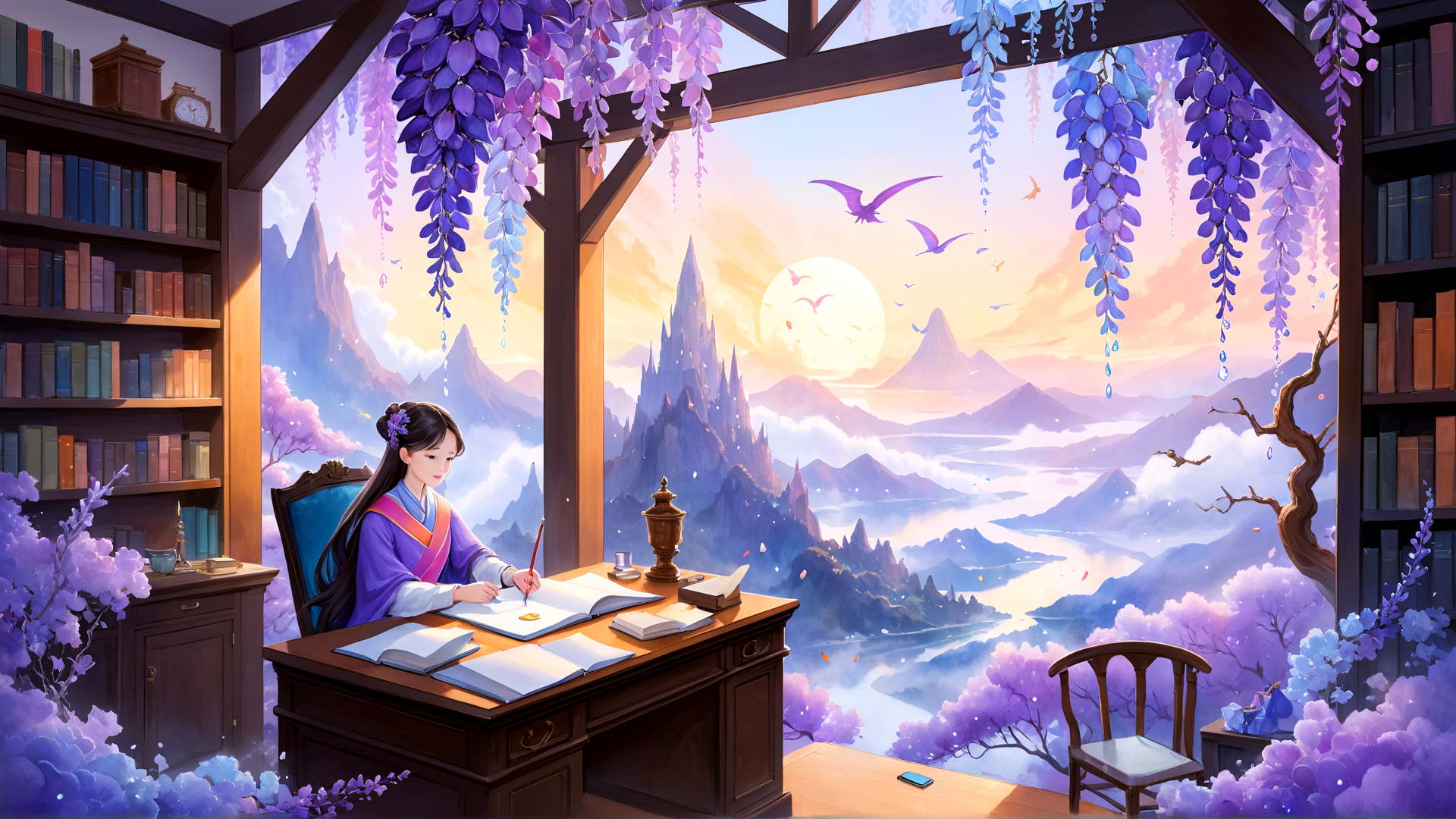 AI generated wallpaper featuring woman, bookshelf, desk, mountains, river, wisteria, birds, books, chairs, castle