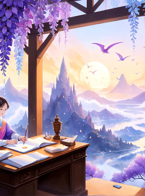 woman, bookshelf, desk, mountains, river, wisteria, birds, books, chairs, castle