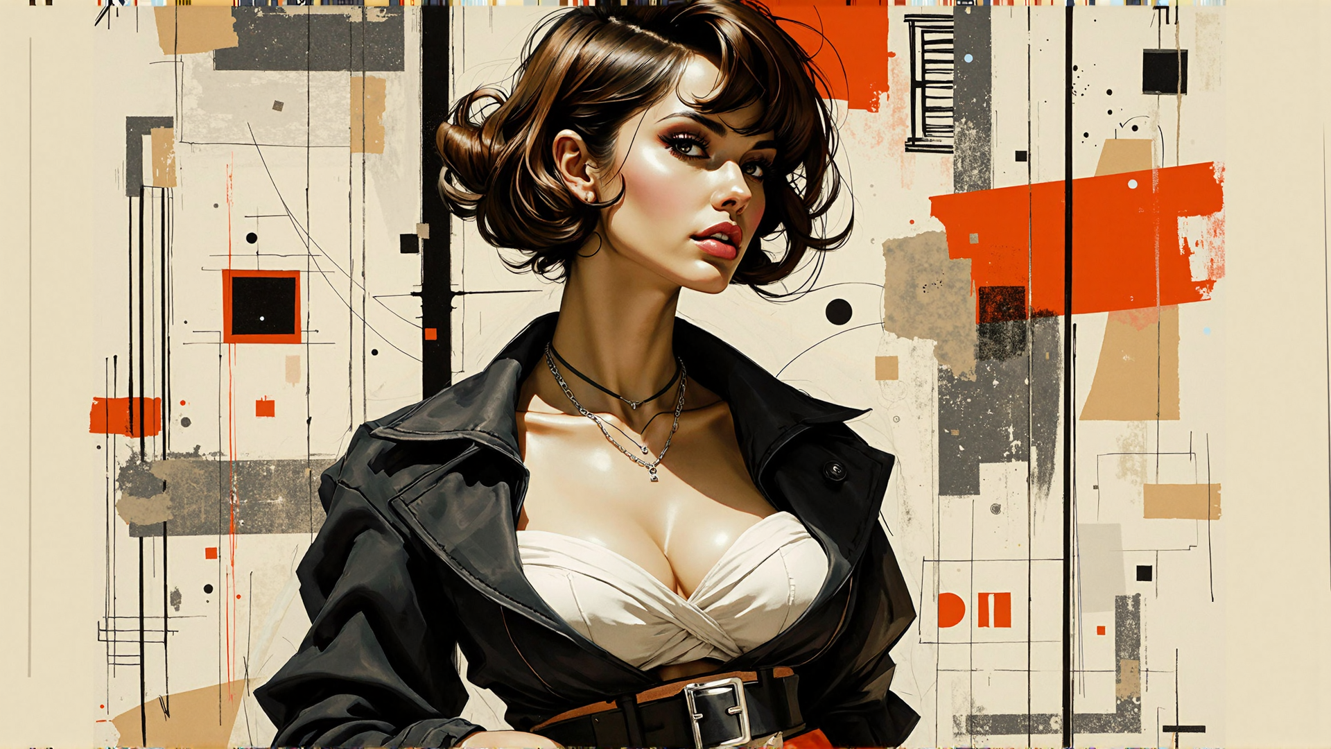 AI generated wallpaper featuring woman, jacket, choker, chain, bustier, belt