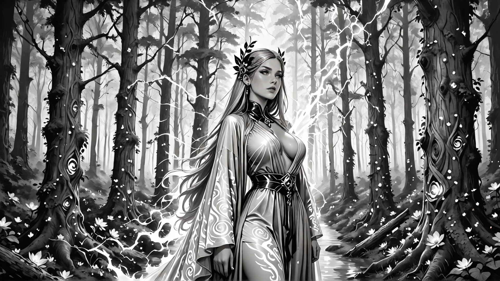 AI generated wallpaper featuring woman, forest, trees, magic, lightning, flowers, goddess, nature, cloak, leaf crown