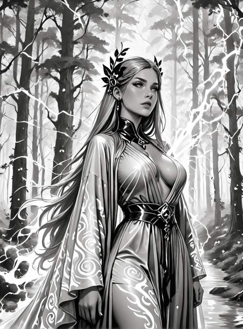 woman, forest, trees, magic, lightning, flowers, goddess, nature, cloak, leaf crown