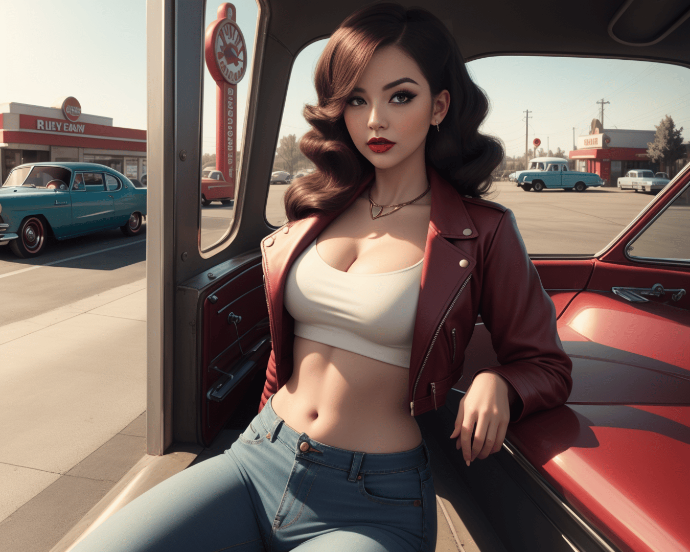 AI generated wallpaper featuring woman, car, vintage