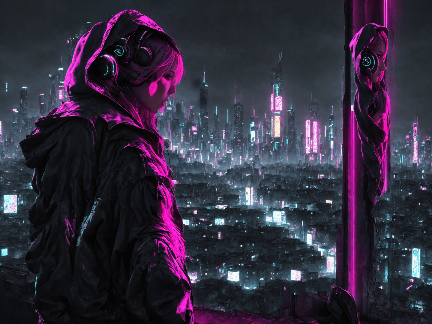 AI generated wallpaper featuring person, cityscape, mirror