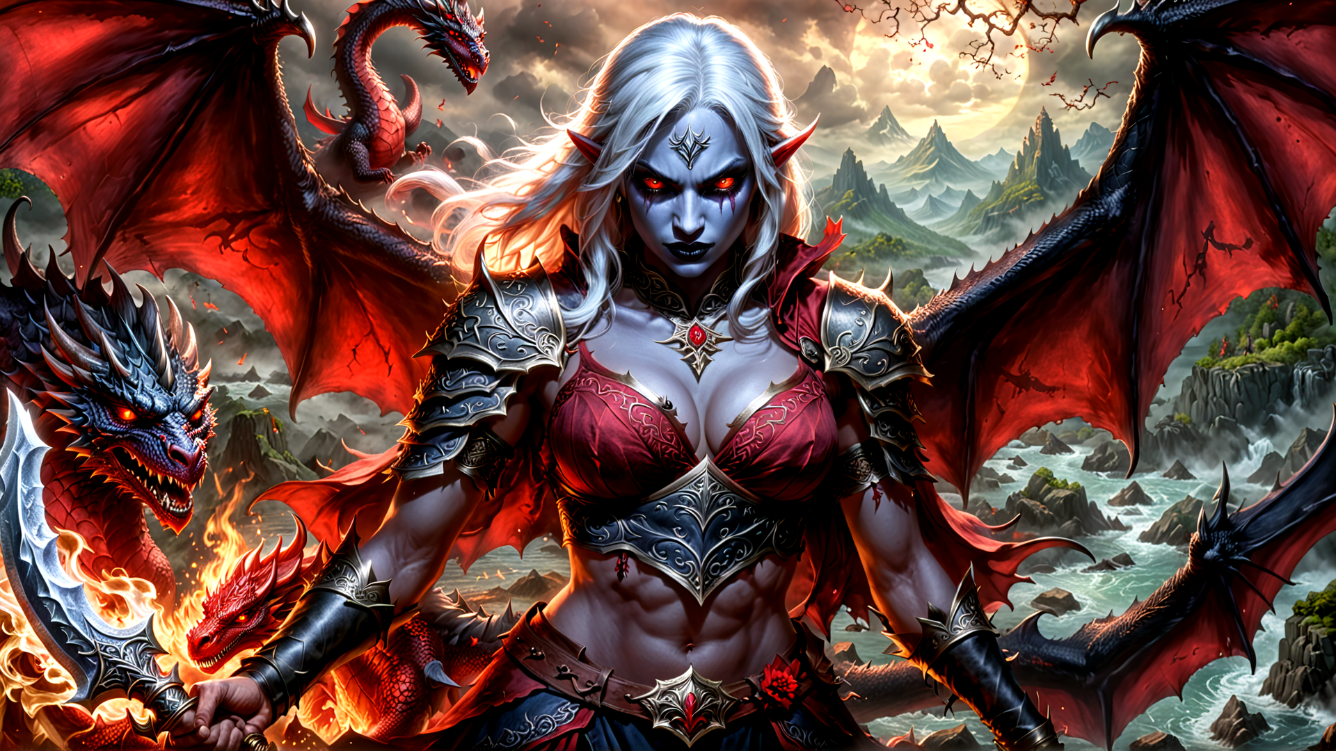 AI generated wallpaper featuring elf, dragon, warrior, armor, sword, fire, mountains, flying, fantasy, mythical