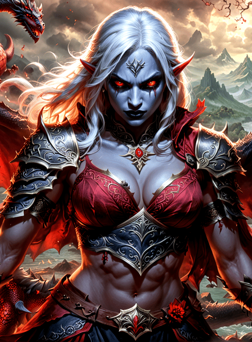 elf, dragon, warrior, armor, sword, fire, mountains, flying, fantasy, mythical