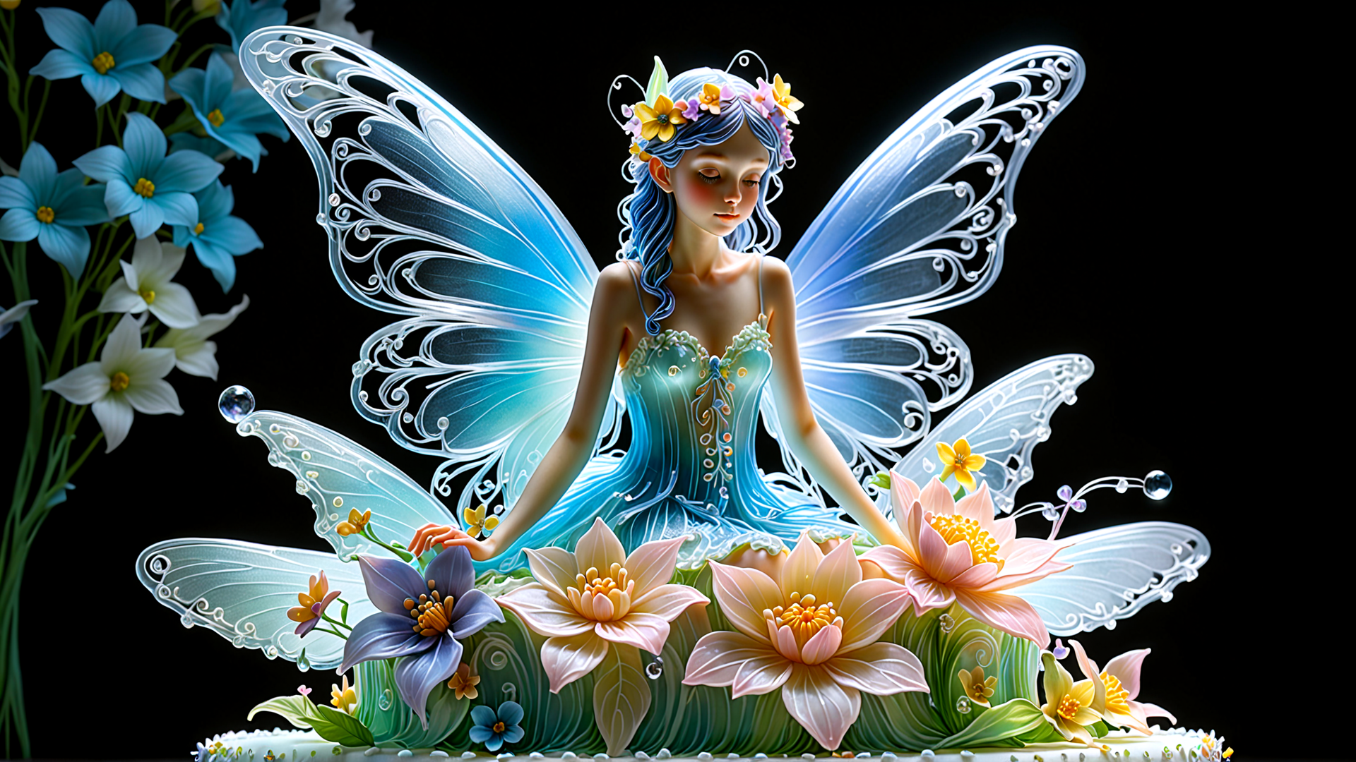 AI generated wallpaper featuring fairy, flower, butterfly, dress, wings, bouquet, dahlia, lily, petal, waterdrop