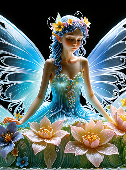 fairy, flower, butterfly, dress, wings, bouquet, dahlia, lily, petal, waterdrop