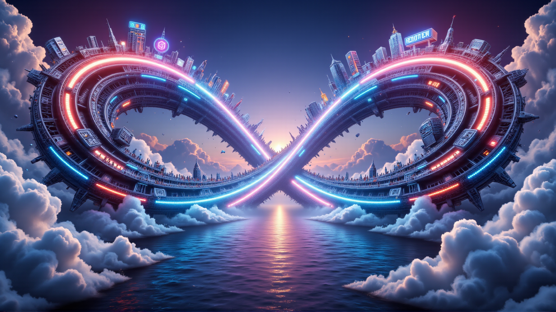 AI generated wallpaper featuring neon city, infinity loop, flying structure