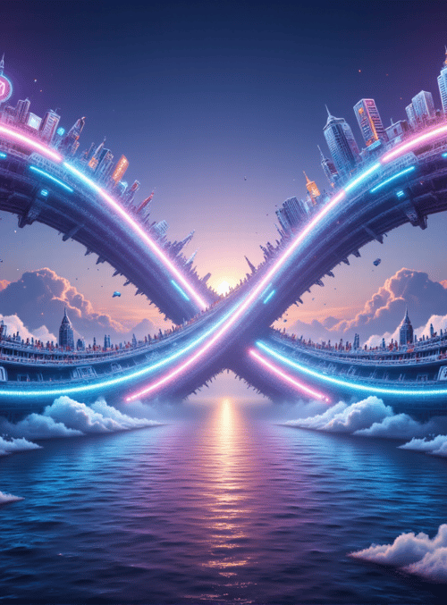 neon city, infinity loop, flying structure