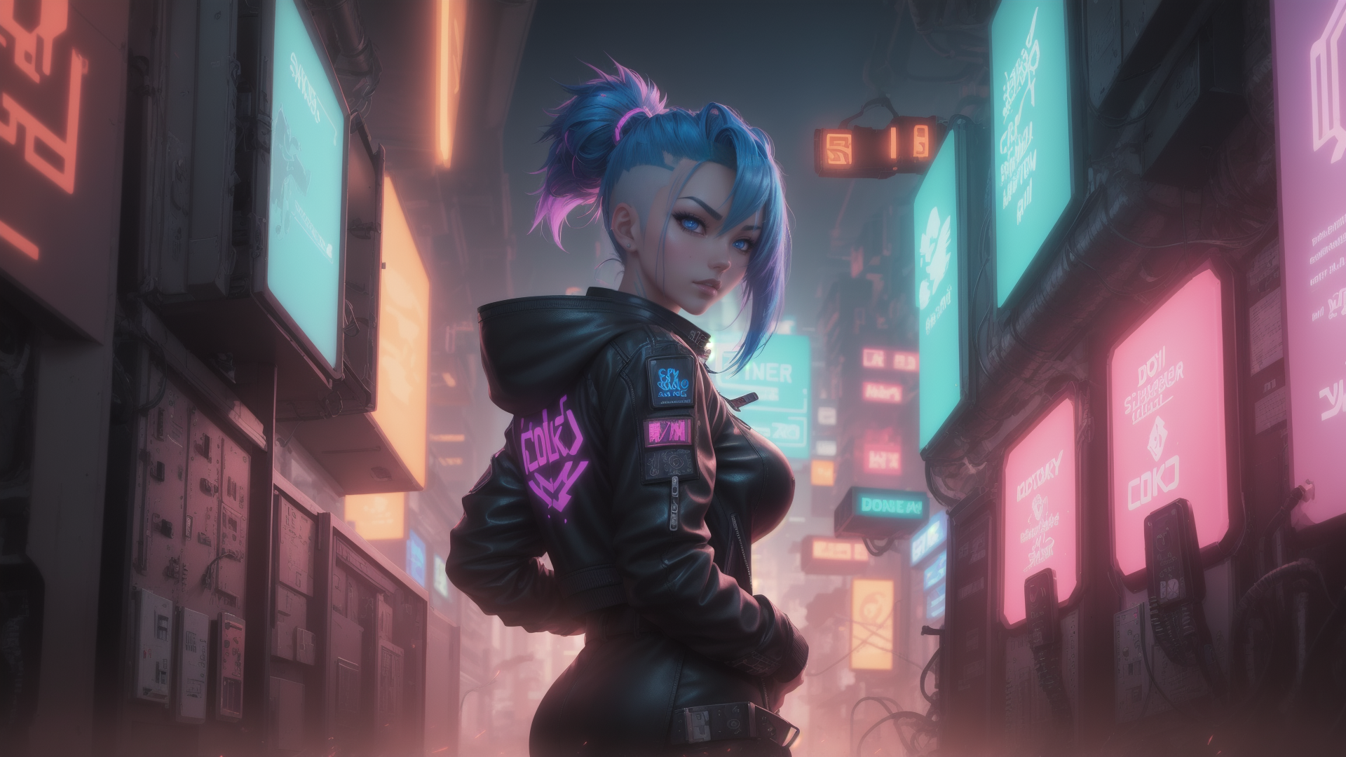 AI generated wallpaper featuring cyberpunk, woman, neon