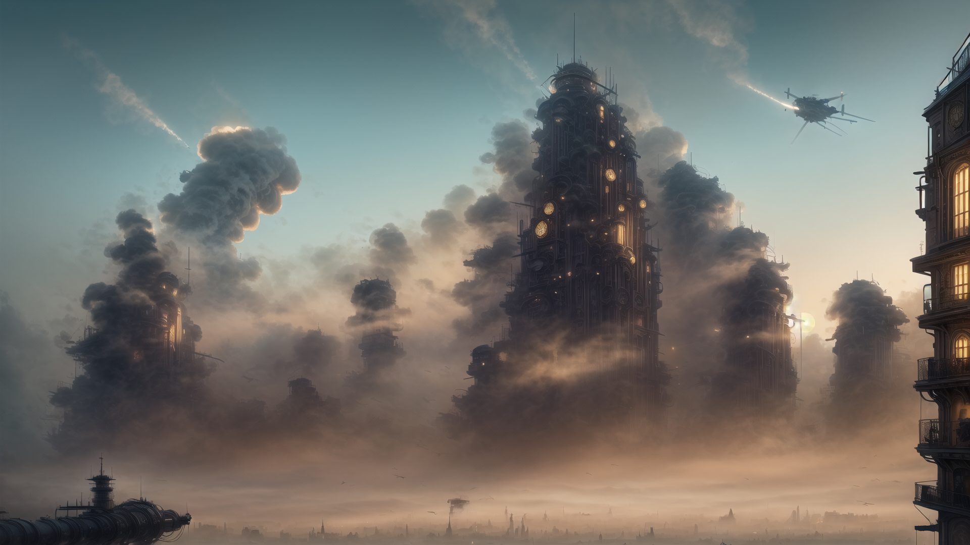 AI generated wallpaper featuring skyscrapers, cityscape, steampunk, aircraft, smoke