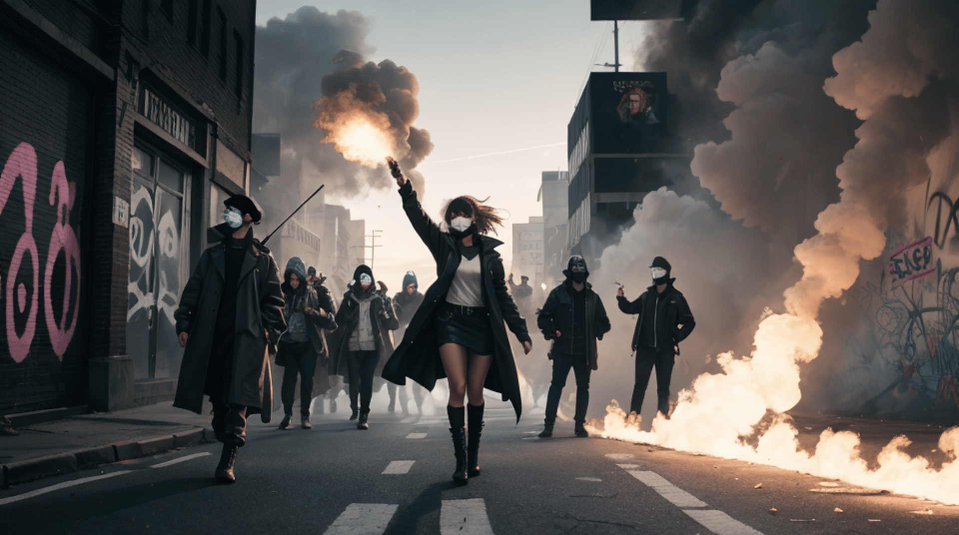 AI generated wallpaper featuring protesters, street, flame