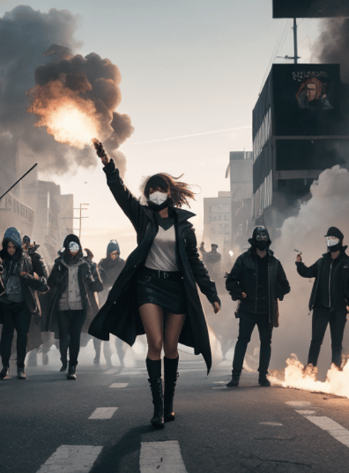 protesters, street, flame
