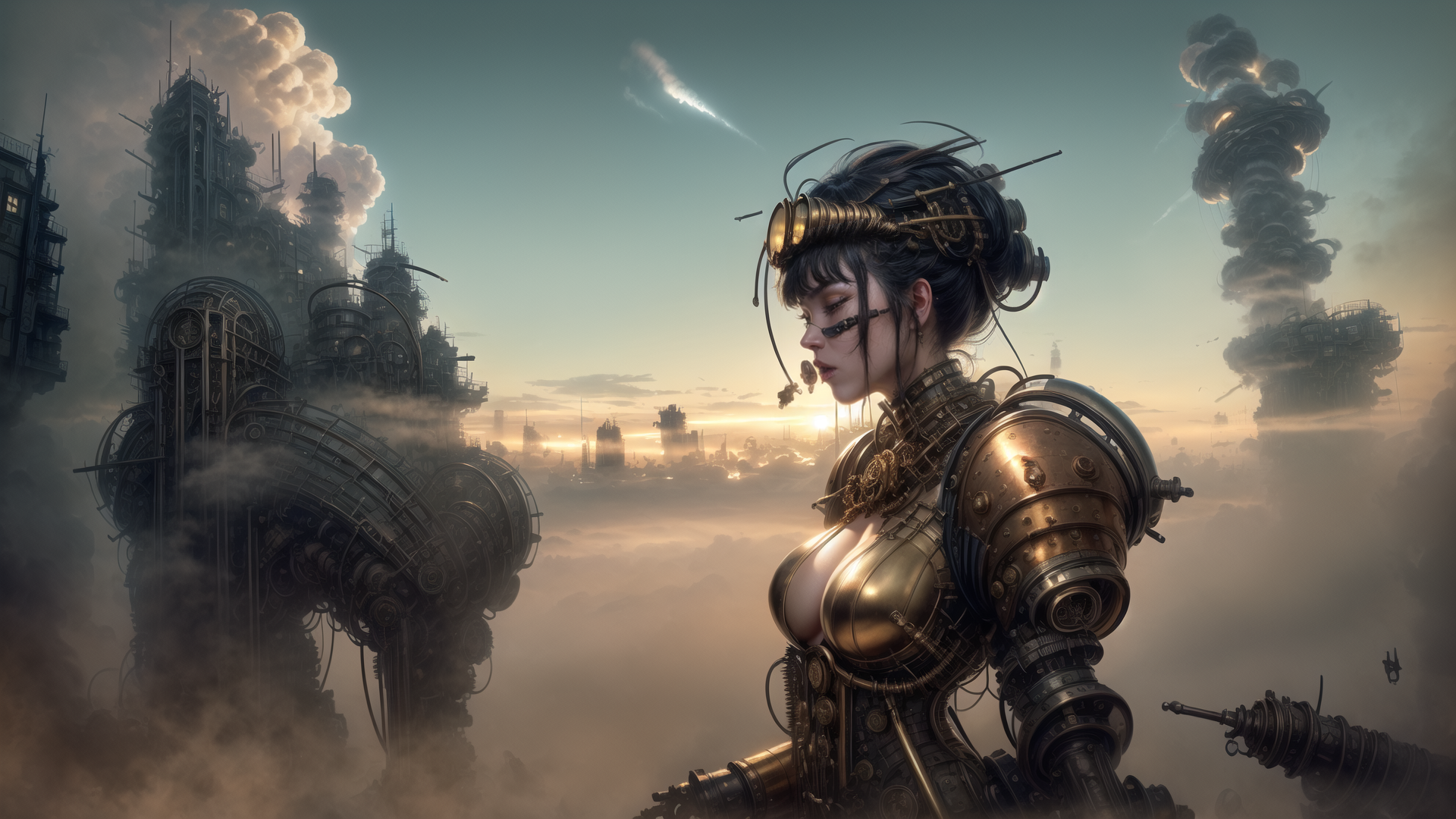 AI generated wallpaper featuring cyborg, steampunk, cityscape
