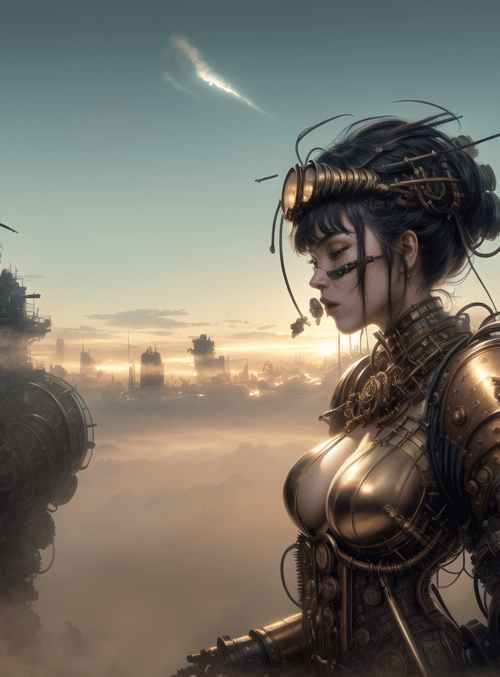 cyborg, steampunk, cityscape