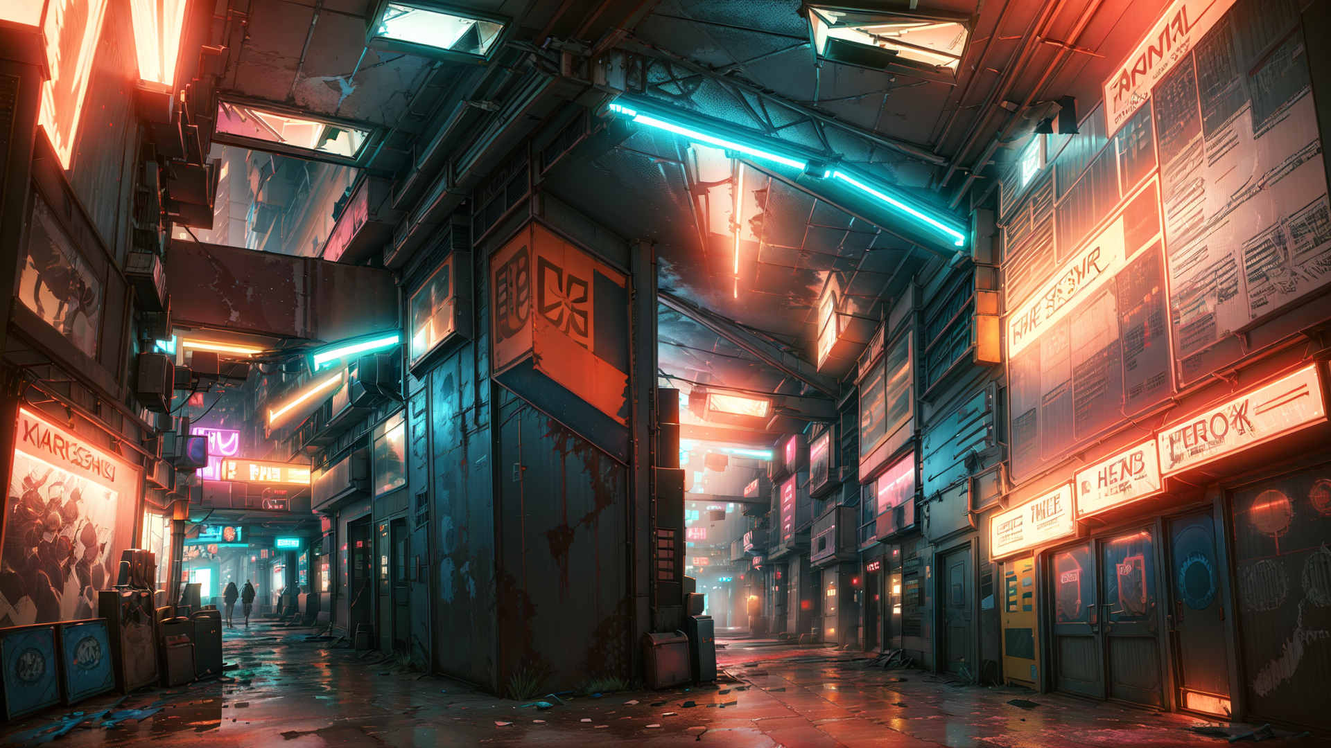 AI generated wallpaper featuring alley, neon, building, sign, cityscape, street, light, structure, poster, trash