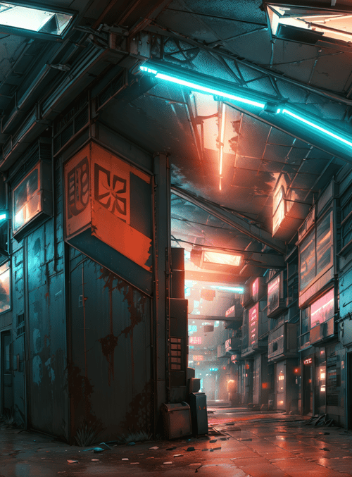 alley, neon, building, sign, cityscape, street, light, structure, poster, trash