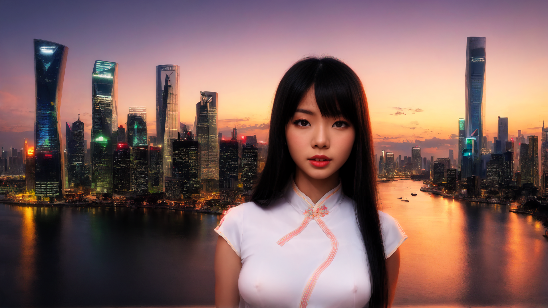 AI generated wallpaper featuring woman, cityscape, river