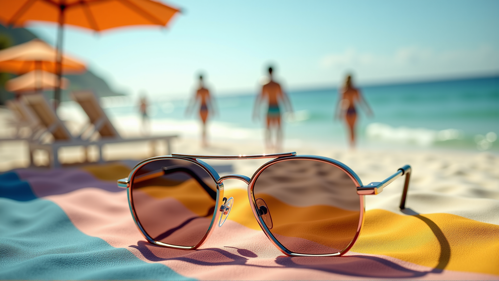 AI generated wallpaper featuring sunglasses, beach, umbrella
