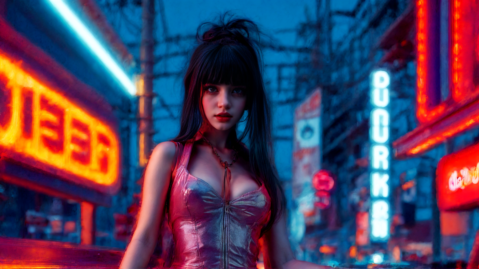 AI generated wallpaper featuring woman, neon, city