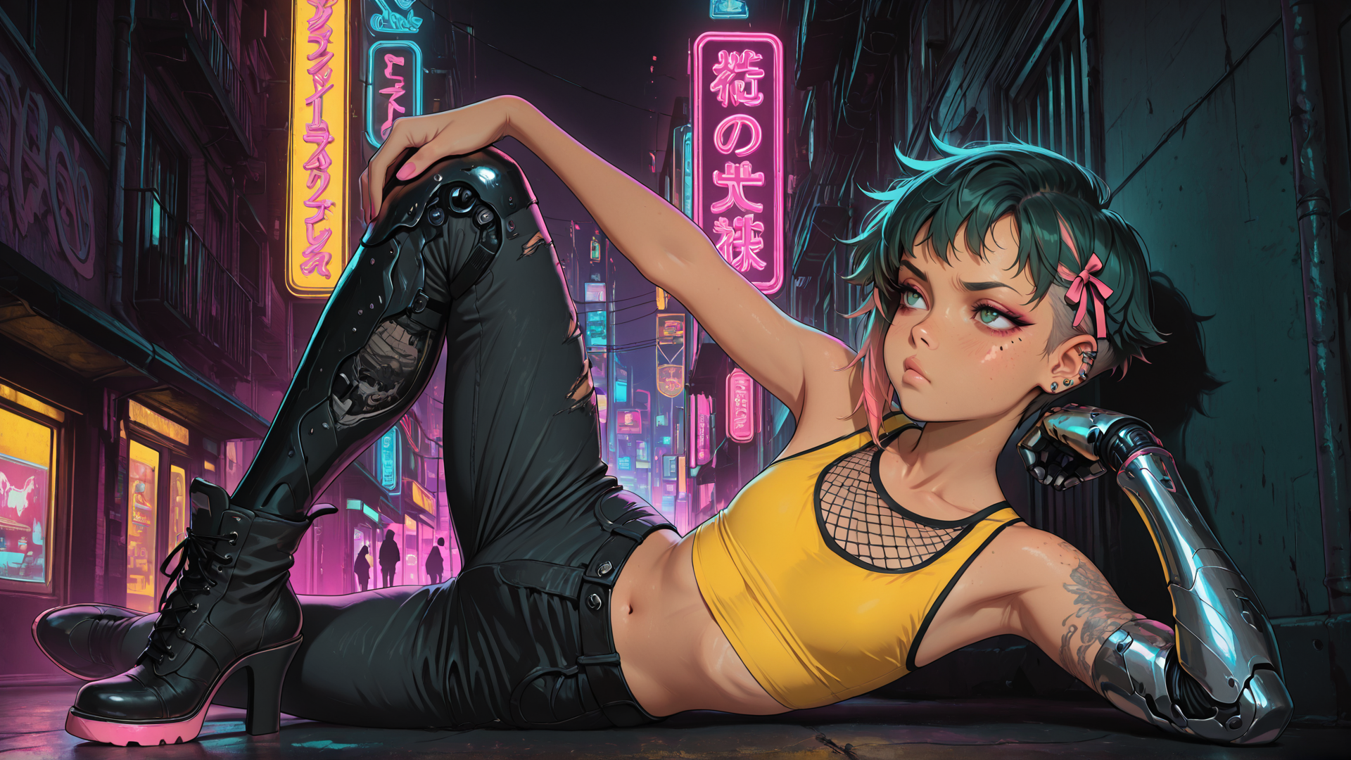 AI generated wallpaper featuring cyborg, girl, neon, street, robotic, leg, arm