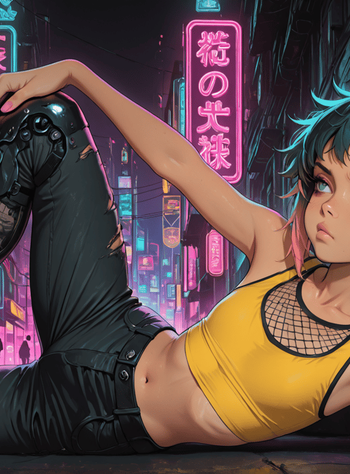 cyborg, girl, neon, street, robotic, leg, arm